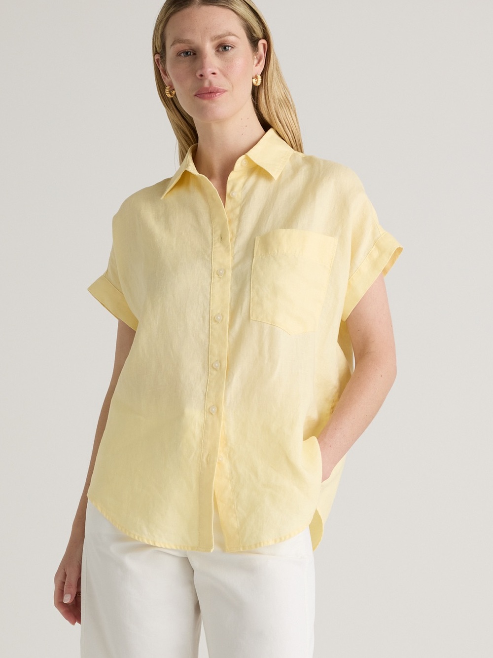 Quince European Linen Camp Shirt Button Front Collar Butter Yellow Size M